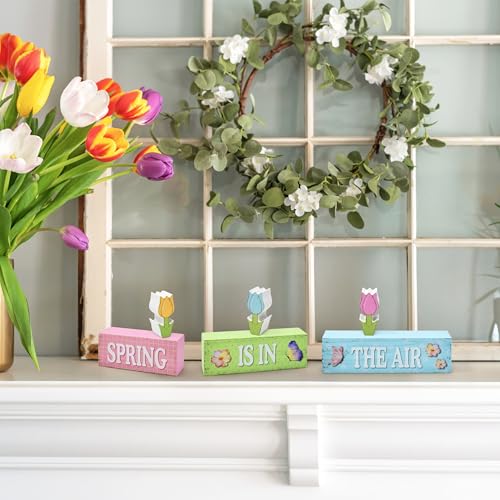 6 Pcs Spring Table Decorations Tulip Flower Wooden Block Signs Tabletop Centerpieces Farmhouse Distressed Easter Decor for Home Kitchen Shelf Tiered Tray Decor