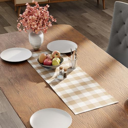 Encasa XO Table Runner, Woven Cotton Dining Linens 13"x36" Beige - color: Buffalo Beige Checks, size: 13x36 in
