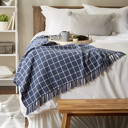 DII Transitional Checked Plaid Woven Throw, 50x60, French Blue - color: French Blue, size: 50x60"