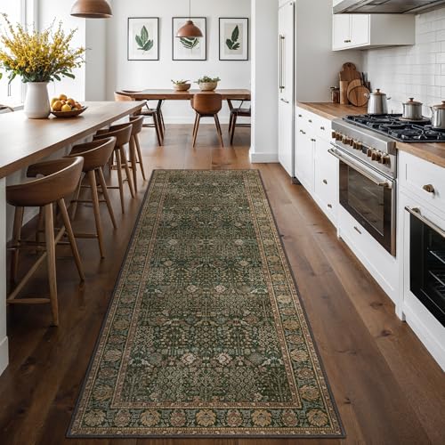 Bavni 2x8 Kitchen Runner Rug, Washable Non Slip, Dark Green Brown - color: Dark Green Brown, size: 2' x 8' (Rectangular)