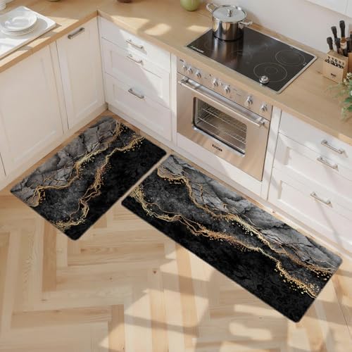 Kitchen Mats Set of 2, Cushioned Anti Fatigue Non Slip Waterproof Runner, Black Marble and Golden Veins Design, PVC Memory Foam for Kitchen Sink and Laundry - color: Black Marble 1