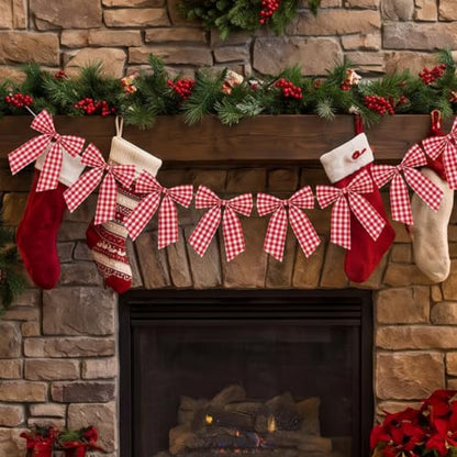 Flutesan 8 Ft Red Gingham Bow Garland Fabric Banner Farmhouse Decoration - color: Red, White, style: Gingham