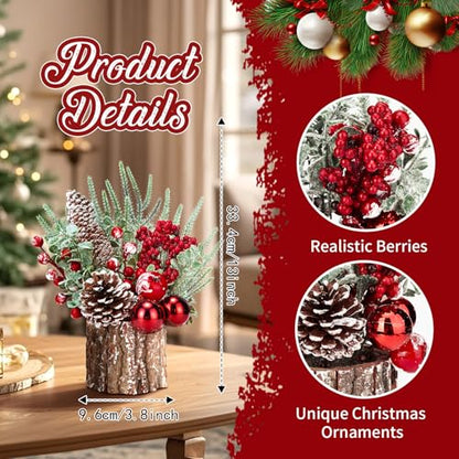 Christmas Decorations Indoor, Christmas Centerpiece Table Decorations, Small Artificial Tabletop/Desk Christmas Tree with Xmas Ornaments Pinecone Berry for Home Farmhouse Mantle Décor (Red)
