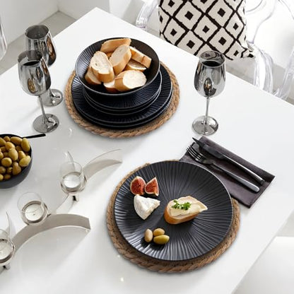Round Woven Placemats Set of 4, with 72 Inches Long Farmhouse Macrame Table Runner Burlap Cotton Linen Table Runners Chargers for Dinner Plates, Beige & Brown - color: Beige & Brown, size: 12 x 72 Inches, 4Pcs Round
