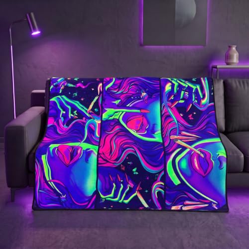 Blacklight Trippy Smoking Throw Blankets Glow in the Dark Under Black Light Hippie Hippy Throw UV Reactive Weed Blanket Throw for Bedroom Dorm Decor 59”x51” - color: Hippie Cool Girl