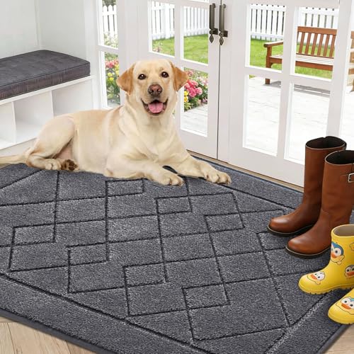 REFETONE Indoor Door Mat, Absorbent Washable Entryway Rug, 36" x 60", Grey | 0.4 in low-profile mat with dirt-trapping polyester; TPR backing helps reduce shifting at front, back, and pet entries - color: Grey, size: 3' x 5' (Rectangular)