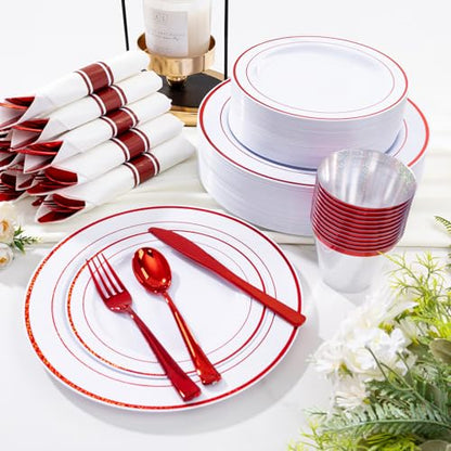 WELLIFE 210 Piece Red Plastic Dinnerware Set, Disposable Plates for Party,Include: 30 Dinner Plates, 30 Dessert Plates, 30 Pre Rolled Napkins with Gold Silverware and 30 Gold Cups - color: Red, style: 210PCS（30 Guests）