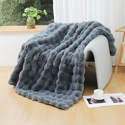 UKELER Soft Faux Fur Throw Blanket 50''x60'' Solid Reversible Shaggy Blanket Plush Thick Fluffy Blankets Throws for Bed, Couch, Sofa, Office, Camping Dark Grey - color: D-dark Grey, size: 50''x60''