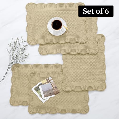 HOMBYS Quilted Placemats Set of 6 Washable-13x18 inches Rectangular Placemats for Kitchen Table-100% Cotton Fabric Rectangular Table Mats, (Khaki) - color: Khaki