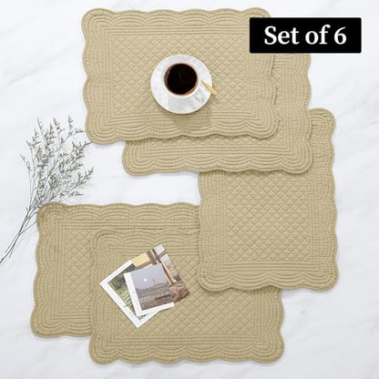 HOMBYS Quilted Placemats Set of 6 Washable-13x18 inches Rectangular Placemats for Kitchen Table-100% Cotton Fabric Rectangular Table Mats, (Khaki) - color: Khaki