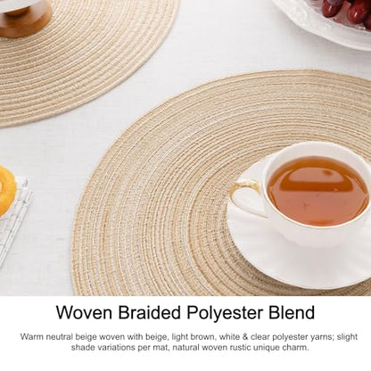 SHACOS Round Braided Placemats Set of 4 Washable Place Mats for Dining Tables 15 inch Non Slip Kitchen Table Mats (Beige, 4) - color: Beige, size: Set of 4