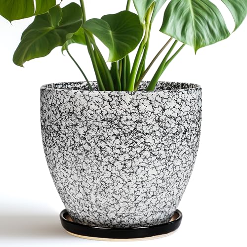 Ceraimc Plant Pot - 8 Inch Planter with Drainage and Saucer, Modern Round Planter, Flower Pot for Indoor Outdoor Plants, Home Room Garden Apartment Decor, Gifts for Plant Lovers, White-Black - color: Black-wood Crack, size: 8 Inch