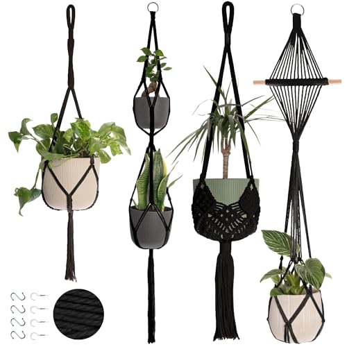 Nook Theory 4-Pack Macrame Plant Hangers with 8 Hooks - Hanging Planters for Indoor Plants, Boho Macrame Hangers Indoor Outdoor, Decorative Plant Hanger Indoor (Black) - color: Black 4-pack, size: 4 Pack