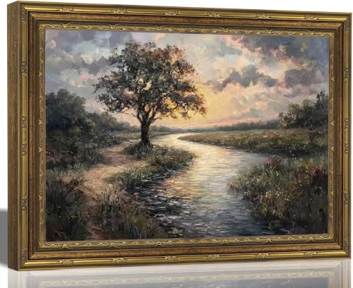Canvas Wall Art Framed,River Tree Sunset Landscape Painting, Vintage Gold Framed Picture Poster Prints Artwork for Home Wall Decor,12x16 Inch - color: Framed-rive, size: 16"L x 12"W