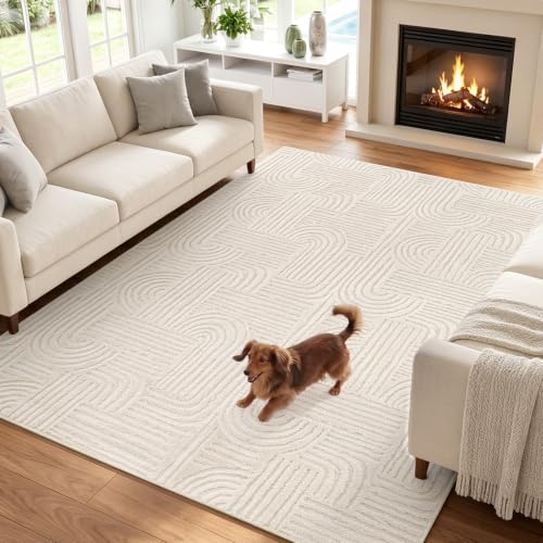 Etwel 6x9 Beige Modern Geometric Textured High-Low Pile Washable Area Rug - color: Neutral Beige, size: 6' x 9'