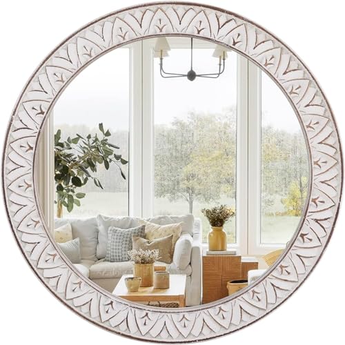 20" Round Rustic Mirror Wooden Frame Circle Mirrors, Distressed Wall Mounted Mirror for Bathroom, Bedroom, Living Room, Entryway, Fireplace, Hall - color: Flower White, size: 20"L x 20"W