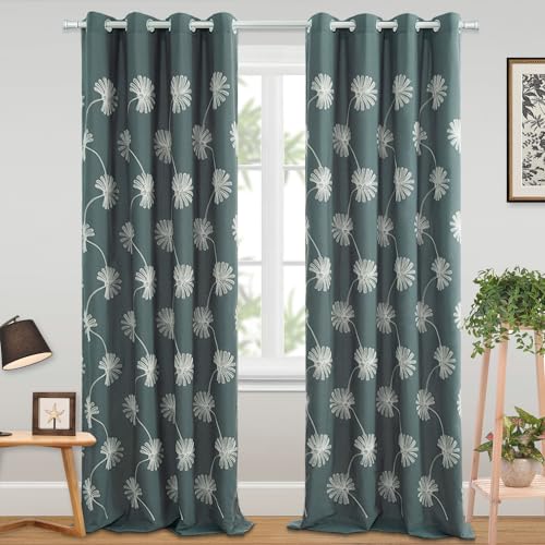 VOGOL 2 Panels Floral Pattern Embroidered Elegant Faux Linen Grommet Curtains, 60% Blackout Window Treatment Panels Drapes for Bedroom/Living Room,52 x 84 Inch - color: Grey, size: 52"W x 84"L (Pack of 2)