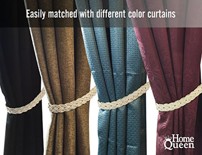 Home Queen Hand Braided Curtain Tie Back, Buckle Holdback Drapery Curtain Tiebacks, 4 Rope Belt Curtain Tie with 4 Metal Hooks, Beige and Silver - color: Beige+silver, size: 4 Pack