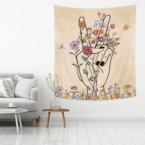 Peace Love Beige Tapestry Abstract Hand Flower Botanical Line Wall Hanging - color: Abstract Hand, size: 59"L x 51"W