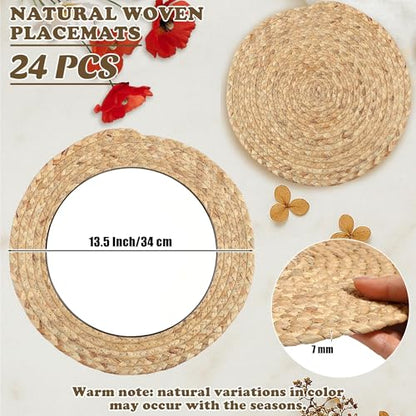 Kochorie Set of 24 Round Woven Placemats 13.5-Inch Natural Water Hyacinth Plant Placemats Hand-Woven Boho Rattan Placemat Wicker Weave Table Mats for Home Dinner Plates Holiday Supplies - size: 13.5 Inch