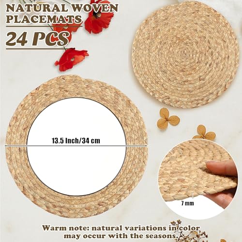Kochorie Set of 24 Round Woven Placemats 13.5-Inch Natural Water Hyacinth Plant Placemats Hand-Woven Boho Rattan Placemat Wicker Weave Table Mats for Home Dinner Plates Holiday Supplies - size: 13.5 Inch