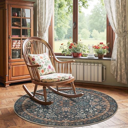 jinchan 4ft Washable Round Area Rug, Soft Floral Non-Slip, Dark Blue - color: Dark Blue, size: 4' (Round)
