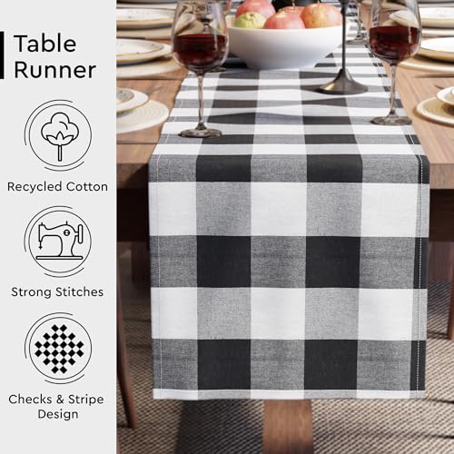 Encasa XO Halloween Table Runner, Woven Cotton Dining Linens 13"x72" Black - color: Buffalo Black Checks, size: 13x72 in