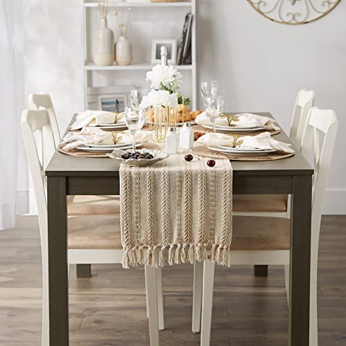 DII Braided Stripe Table Runner, 15x108 with 2.5" Fringe, Vintage Linen