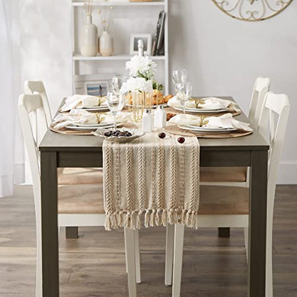 DII Braided Stripe Table Runner, 15x108 with 2.5" Fringe, Vintage Linen