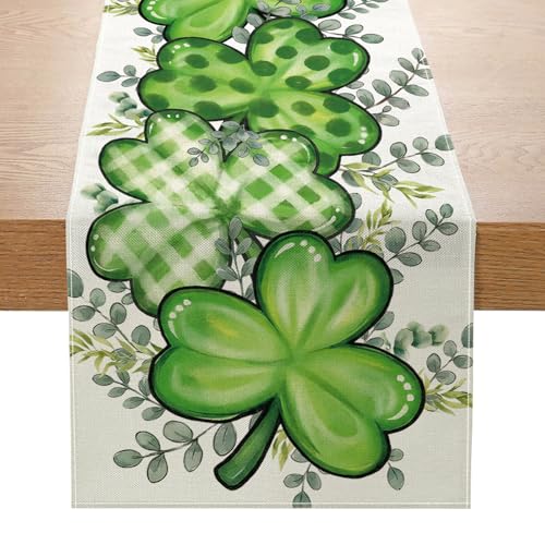 ONFAON St Patrick's Day Table Runner Decorations Shamrock Eucalyptus Heart Seasonal Spring Kitchen Dining Table Decoration for Home Party Decor 13x72 Inch - size: St Patricks 01
