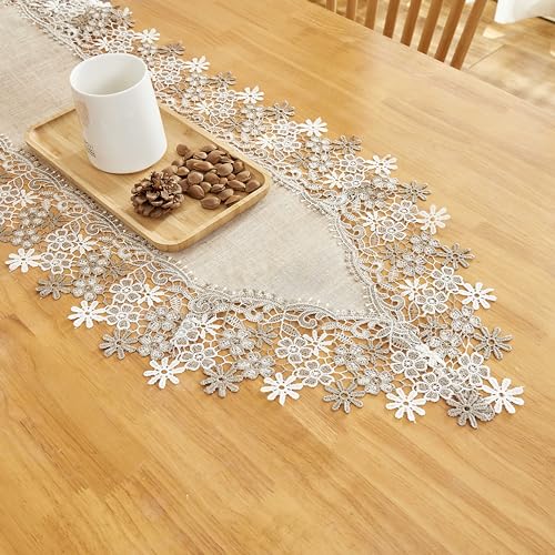 Natural Beige Floral Lace Table Runner Dresser Scarf (16” x90”) - size: 16” x90”