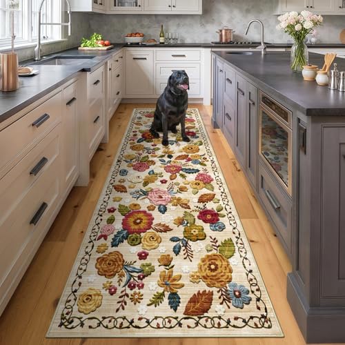 Washable 2.6x8 Runner Rug, Beige Boho Floral Non-Slip for Hallway, Kitchen - color: Beige, Cream, Mustard, Brick Red and Blue, size: 2'7" x 8' (Rectangular)