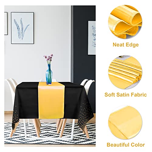 12Pack Disposable Plastic Tablecloths and Satin Table Runner Set Black and Gold Dot Tablecloth Gold Satin Table Runner for Wedding Birthday Baby Shower Anniversary Christmas New Year Party Supplies - color: Black and Gold, size: 12 Pack