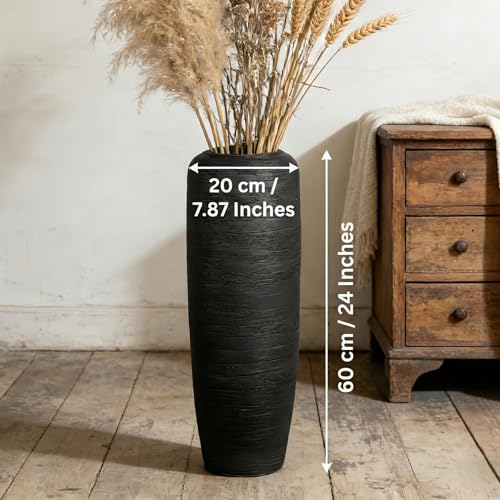 Black Rustic Ceramic Floor Vase, 24 Inch, Ribbed Texture - size: 23.6 Inch