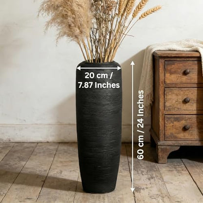 Black Rustic Ceramic Floor Vase, 24 Inch, Ribbed Texture - size: 23.6 Inch
