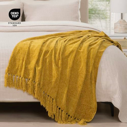 RECYCO Chenille Throw Blanket for Couch, 50"x60", Mustard Yellow - color: Mustard Yellow, size: 50'' X 60''