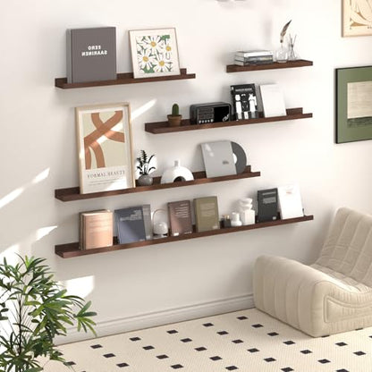 SAUMONIERES Picture Ledge Shelf Floating Book Shelves Set of 2 Wall Mounted Solid Wood for Bedroom Bathroom Living Room Kitchen, 48 Inch Walnut - color: Walnut, size: 48 inch