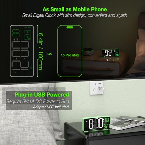 KOSUMOSU Digital Clock for Bedroom, 6.7in Desk Clock, Auto Dimming, Room Temperature, Day of The Week, Date, Seconds, Clocks for Living Room, Alarm Clocks for Bedrooms - color: Green (White + Green Digits)