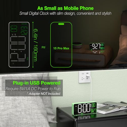 KOSUMOSU Digital Clock for Bedroom, 6.7in Desk Clock, Auto Dimming, Room Temperature, Day of The Week, Date, Seconds, Clocks for Living Room, Alarm Clocks for Bedrooms - color: Green (White + Green Digits)