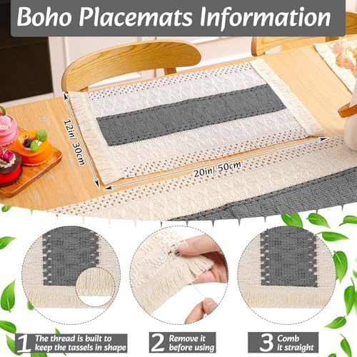 Boho Table Runner and Placemats Set, 6 Sets, Gray, 12x72 - color: Gray, size: 12x72"
