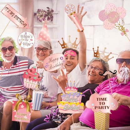 33PCS Glitter Birthday Photo Booth Props, LMSHOWOWO Rose Gold Party Photobooth Props Fun Selfie Props with Lips, Crowns, Flowers, Lipsticks for All Ages Girls Women Birthday Decorations