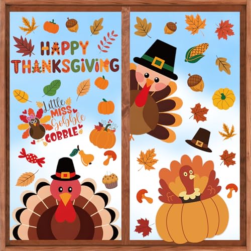 Thanksgiving Window Clings Stickers Decor, Fall Pumpkin Turkey Decorations - color: Thanksgiving