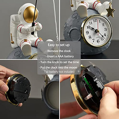 Astronaut Figure Clock for Desktop & Shelf, Battery Operated, Astronaut & Planet Figurine Statue for Office & Outer Space Themed Bedroom Decor, Decorative Small Table Clock, Fishing Star