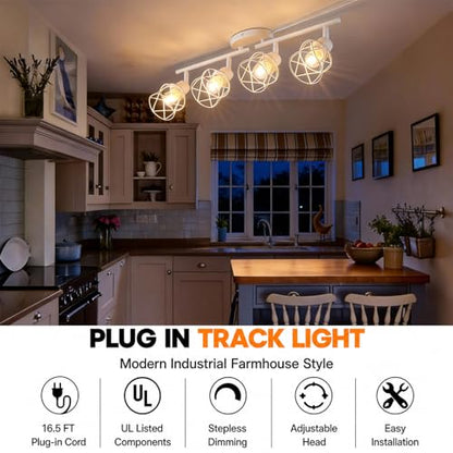 Dimmable Plug in Ceiling Light,Plug in Track Lighting,4 Light White Industrial Farmhouse Ceiling Light with 16.5' Cord,Adjustable Rotatable Cage Lamp Heads,E26 Base(Bulbs Not Included) - color: 4 Light White