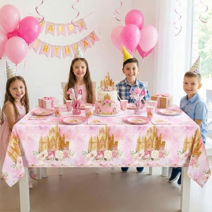 3 Pack Princess Tablecloths, Disposable Pink Rose Castle Themed Table Cloth - color: Rose Castle