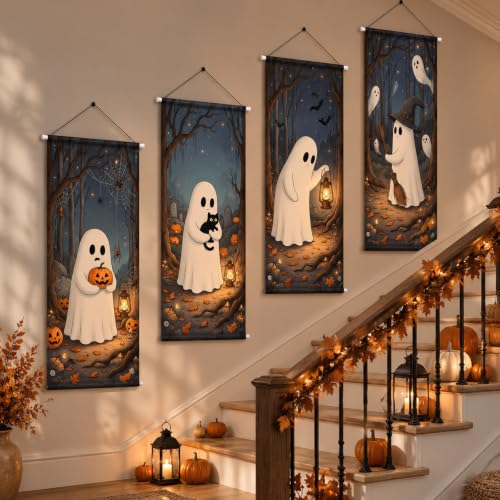 4 Pcs Halloween Ghost Tapestry Banners, Porch Hanging Decor