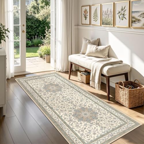 Arenarug Washable 2x6 Rug Runner for Hallway, Cream Blue Distressed Vintage Floral Non Slip Kitchen Rug, Soft Low Pile Carpet Runner for Laundry Room, Bathroom, Bedroom - color: Cream Blue, size: 2' x 6' (Runner)