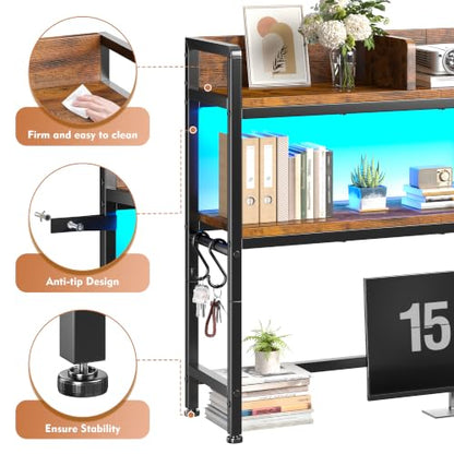 REIBII 2-Tier Desk Shelf, LED, Bedroom and Home Office, Rustic Brown - color: Rustic Brown, size: 7.8"D x 45.2"W x 38.7"H