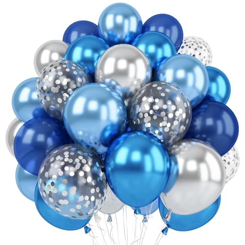 Blue Silver Balloon 12Inch Dark Metallic Blue Silver Confetti Latex Balloon - color: Blue Silver