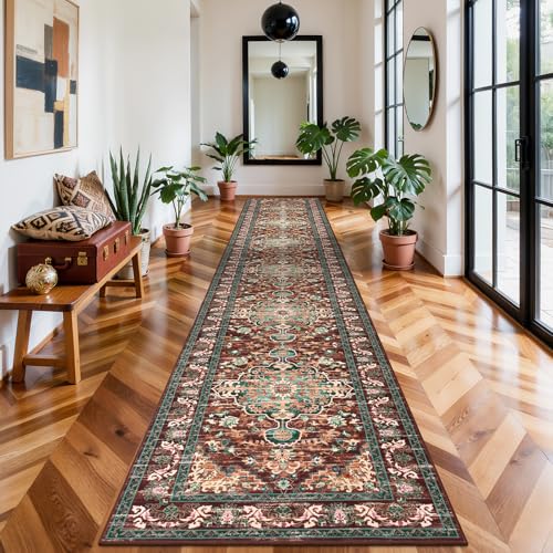 U'Artlines 3' x 18' Boho Hallway Runner Rug, Washable Carpet, Rust＆Teal - color: Rust＆teal, size: 3' x 18' (Runner)